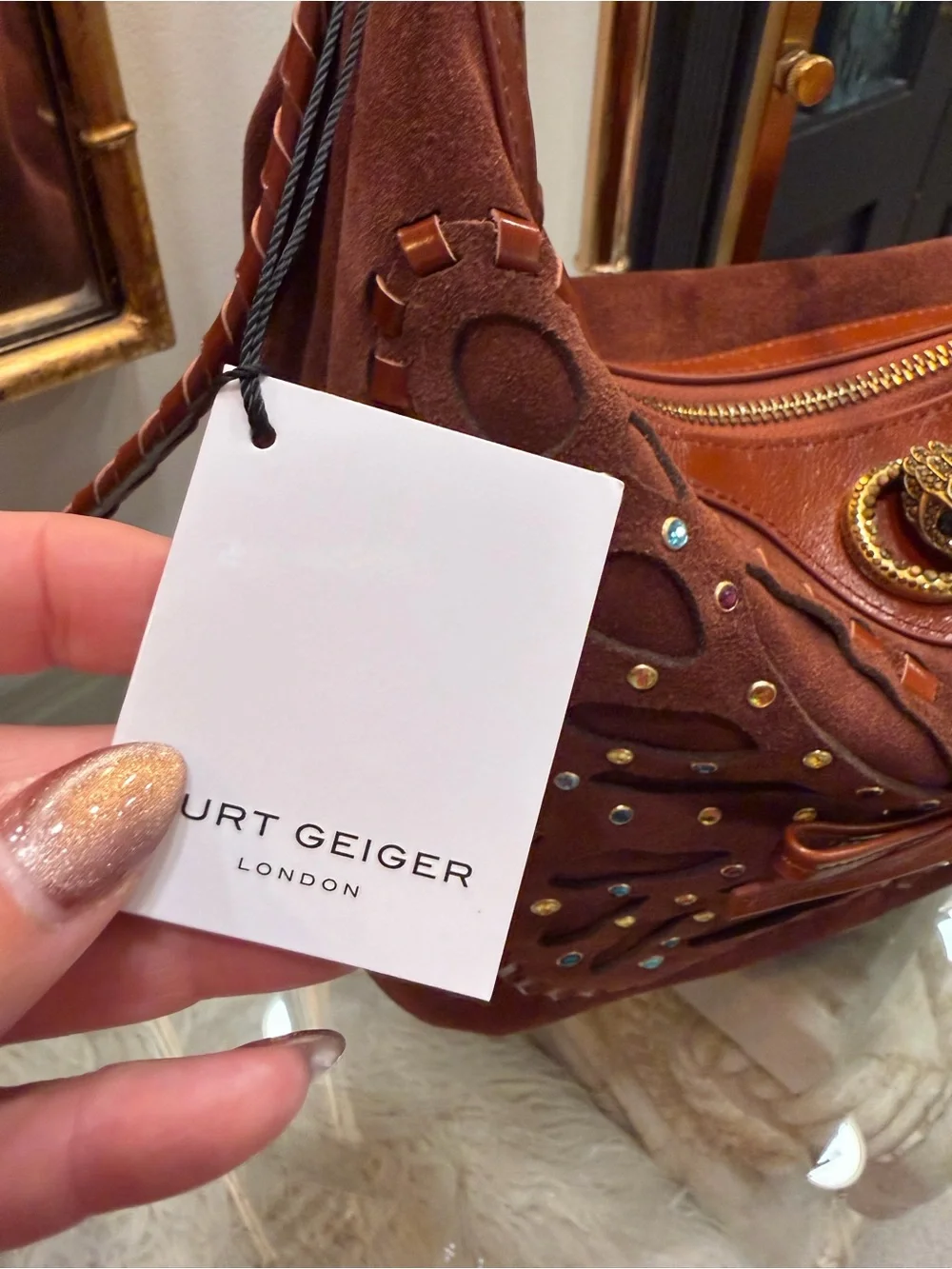 Kurt Geiger NWT Chelsea Suede Studded Butterfly Hobo Shoulder Bag in Brown